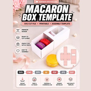 Könnte beinhalten: Eine weiße Macaron-Box-Vorlage mit dem Text "MACARON BOX TEMPLATE" und "SVG CUT FILE". Die Box enthält rote und lila Macarons. Ein gelbes Macaron liegt neben der Box. Das Bild enthält auch Symbole für sofortigen Download und druckfertige Dateien.