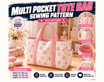 Multi Pocket Tote Bag Sewing Pattern PDF, Shopper Bag Pattern, DIY Organizer Tote, Beginner Friendly Bag Pattern, Instant Download