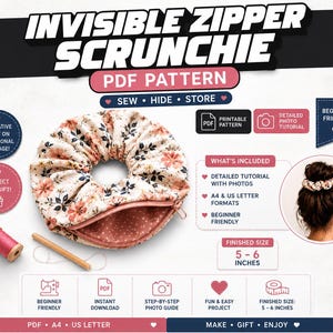 Puede incluir: Un patrón en PDF para un coletero con cremallera invisible, con tela de estampado floral e interior rosa. El documento incluye un tutorial fotográfico detallado, formatos A4 y US letter, y especifica un tamaño final de 13-15 cm.