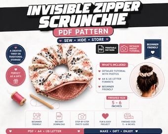 Invisible Zipper Scrunchie Sewing Pattern PDF | Hidden Pocket Scrunchie | Secret Zipper Hair Scrunchie | Instant Download