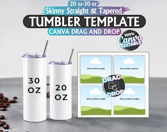 Tumbler Template Bundle, 20 oz & 30 oz Straight and Tapered, Canva Drag and Drop Editable, Skinny Tumbler Full Wrap, Tumbler Sublimation