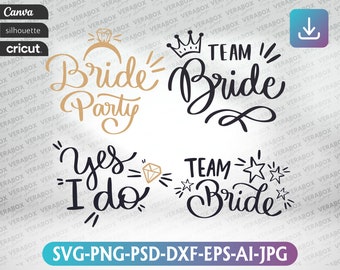 May include: Four different wedding-themed designs in black and gold. The designs include "Bride Party" with a ring, "Team Bride" with a crown, "Yes I Do" with a diamond, and "Team Bride" with stars.