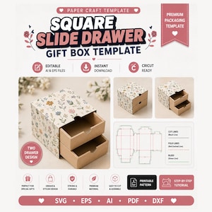May include: A digital paper craft template for a square slide drawer gift box. The design features a floral pattern on a light background. The template includes cut and fold lines, a two-drawer design, and file formats including SVG, EPS, AI, PDF, and DXF.