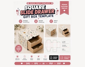 Square Drawer Gift Box SVG | Sliding Drawer Box Template | Cricut Gift Box | Matchbox SVG | Packaging Template,Cricut & Silhouette Cut Files