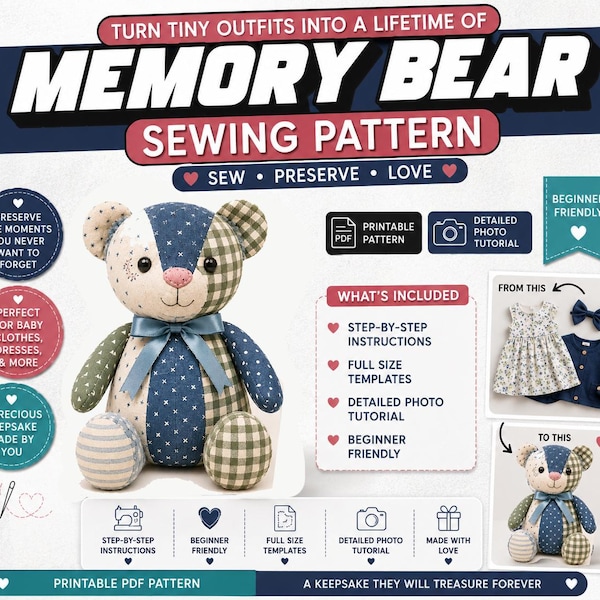 Memory Bear Sewing Pattern PDF | Keepsake Bear Pattern | Memorial Teddy Bear | Printable Plush Toy Pattern | Instant Download