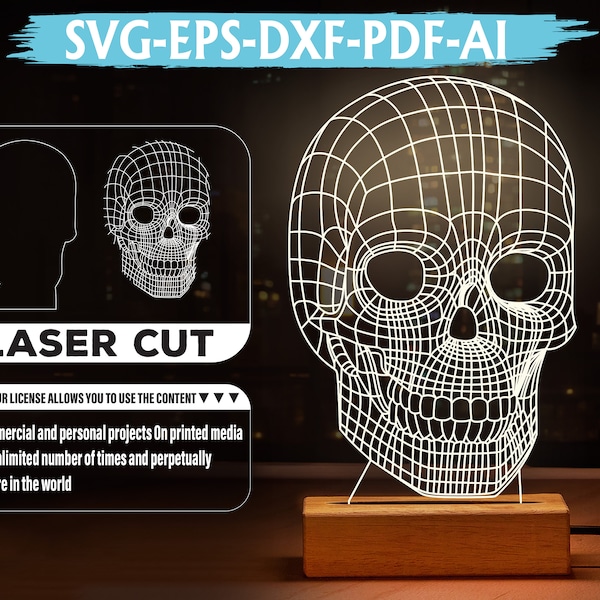 Skull Svg, Death Head 3D Illusion Acrylic Hologram Night Led Lamp, Laser Cut Engraving File Dxf, Glowforge Svg, Instant Download