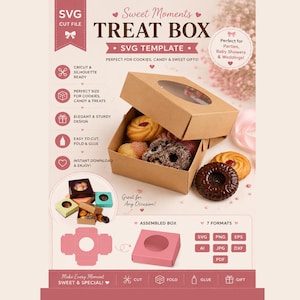 May include: A digital SVG template for a treat box with a window, featuring text Sweet Moments TREAT BOX SVG TEMPLATE. The image displays a brown cardboard box filled with cookies, a pink assembled box, and a flat pink die-cut template layout.