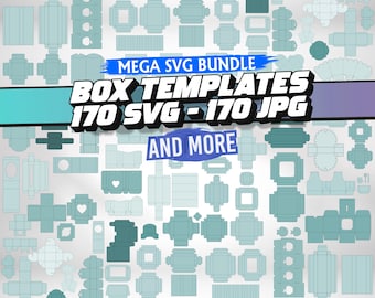 May include: A collection of box templates in various shapes and sizes, displayed in a teal and white color scheme. The image includes the text "MEGA SVG BUNDLE BOX TEMPLATES 170 SVG - 170 JPG AND MORE".