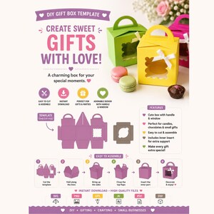 Peut inclure: Modèle de boîte cadeau à faire soi-même avec instructions. L'image montre un graphique rose et blanc avec le texte « Créez de doux cadeaux avec amour ! » et des instructions pour assembler des boîtes cadeaux. Il y a aussi des exemples de boîtes assemblées en vert, jaune et rose.