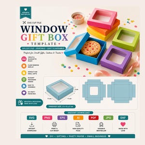 May include: Colorful window gift box template with the text "Window Gift Box Template". The boxes are in various colors, including pink, orange, green, blue, and purple. The finished size is 4.3 x 4.3 x 0.8 inches. Perfect for small gifts.