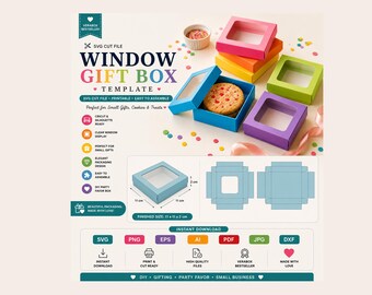 Window Gift Box Template SVG, Square Favor Box SVG, Cookie Box Template, Treat Packaging SVG, Cricut Gift Box, Printable Party Favor Box