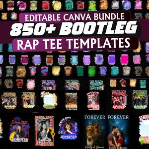 Pode incluir: Imagem de um produto digital que mostra uma coleção de modelos Canva editáveis para camisetas de rap. A imagem apresenta uma variedade de designs, incluindo temas de formatura e gráficos personalizados. O texto na imagem diz "EDITABLE CANVA BUNDLE 850+ BOOTLEG RAP TEE TEMPLATES."
