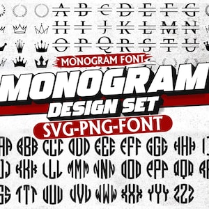 Könnte beinhalten: Ein Schwarzweiß-Monogramm-Schriftart-Design-Set mit einer Vielzahl von Buchstaben und Symbolen. Die Buchstaben sind kreisförmig und die Symbole umfassen Kronen und Kränze. Der Text "MONOGRAM FONT" und "MONOGRAM DESIGN SET" ist in Rot und Weiß.