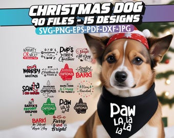 May include: A Christmas-themed dog bandana with the text "Paw La La La" in white on a black background. The bandana is being worn by a brown and white dog with a red Santa hat.