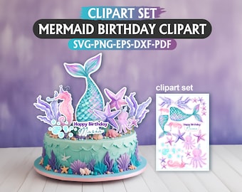 Verjaardagstaarttopper zeemeermin: clipart feestdecoratie (digitale download)