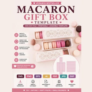May include: A pink and white Macaron Gift Box Template with the text "Macaron Gift Box Template" and "SVG Cut File, Printable, Assembly Template". The image includes macarons in boxes and icons for Cricut, size, packaging, assembly, and more.