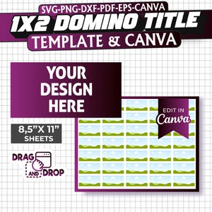 Peut inclure: Un modèle imprimable pour créer des dominos 1x2. Le modèle est conçu pour être utilisé avec Canva et comprend une fonction de glisser-déposer. Le modèle mesure 8,5 pouces par 11 pouces et comprend le texte "1x2 Domino Title Template & Canva".