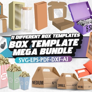 11 modelli di scatole Mega Bundle / Svg, Eps, Pdf, Dxf, file di taglio / scatole regalo, scatole per popcorn, scatole a capanna, scatole a cuscino, file di scatola svg, taglio