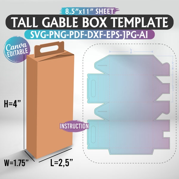 Tall Gable Box Template, Box with Handle Template, Gift Box SVG,  Favor Box SVG, Cricut Cut Files, Sihouette Cut Files, Canva, Svg, Dxf, Png