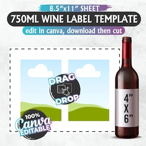 Wine Label Template, 750ml wine label svg, wine bottle labels, canva template, Wine Bottle Tag, Custom Wine Label, Printable,  Party Favor