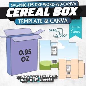 Customizable Cereal Box Template, 0.95 oz Cereal Box Template, Cereal Box Svg, Editable Digital Download for DIY Projects | SVG, PNG, Canva