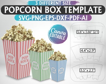 Popcorn Box Template Bundle: 3 Sizes, SVG, Cricut (Digital Download)