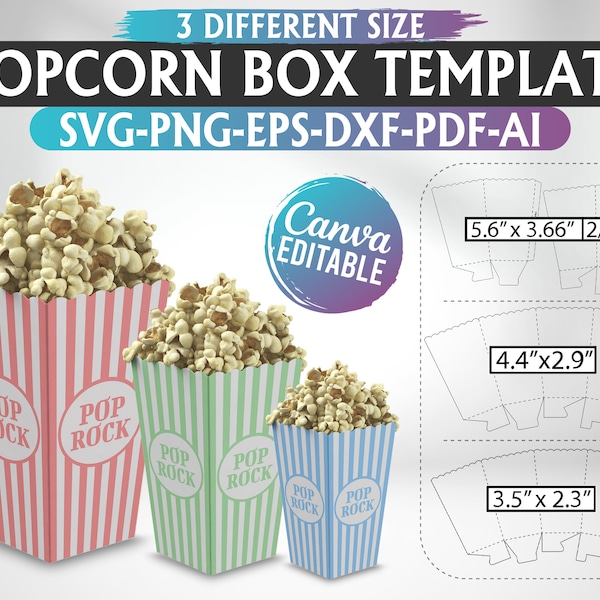 3 sizes Popcorn Box Template Bundle,  Popcorn Box Svg, Popcorn box bundle, Box Template svg, template for cricut, Popcorn svg, Snack box