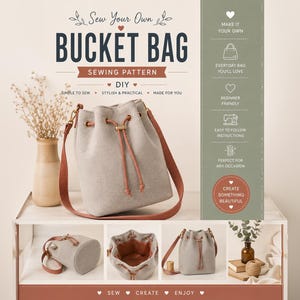 May include: A sewing pattern for a bucket bag with text reading Sew Your Own BUCKET BAG SEWING PATTERN DIY. The bag is light gray with a brown strap and drawstring. The image includes smaller photos showing the bag from different angles.