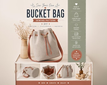 Bucket Bag Sewing Pattern PDF, Drawstring Bag Pattern, DIY Shoulder Bag, Beginner Sewing Pattern, Digital Bag Pattern