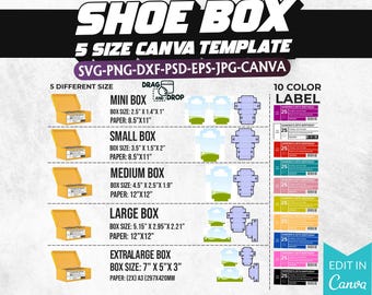 Shoe Box Template Bundle, Sneaker Box Template, Shoe Box Svg, Gift Box Svg, Party Favors box, Shoe box label template, Canva Editable