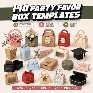 Puede incluir: Una colección de 140 plantillas de cajas para recuerdos de fiesta con diversas formas, colores y diseños, incluyendo cajas de regalo, cajas con asa y cajas tipo almohada. La imagen muestra el texto 140 PARTY FAVOR BOX TEMPLATES, SVG CUT FILES, INSTANT DOWNLOAD, CRICUT READY, SVG, DXF, EPS, PDF, PNG, AI.