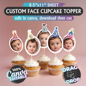 Custom Cupcake Toppers, Cupcake Toppers baby face, First Birthday Party Decor, Baby Face Cut Out, Custom face cupcake topper, Canva Template