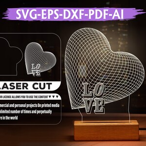 Kärlekshjärta 3D-illusionslampa: Laserskurna filer (digital nedladdning) bild 1