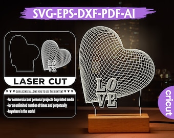 Kärlekshjärta 3D-illusionslampa: Laserskurna filer (digital nedladdning)