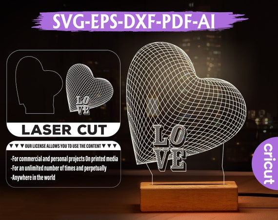 Love Heart 3D Illusion Lamp: Laser Cut Files (Digital Download)