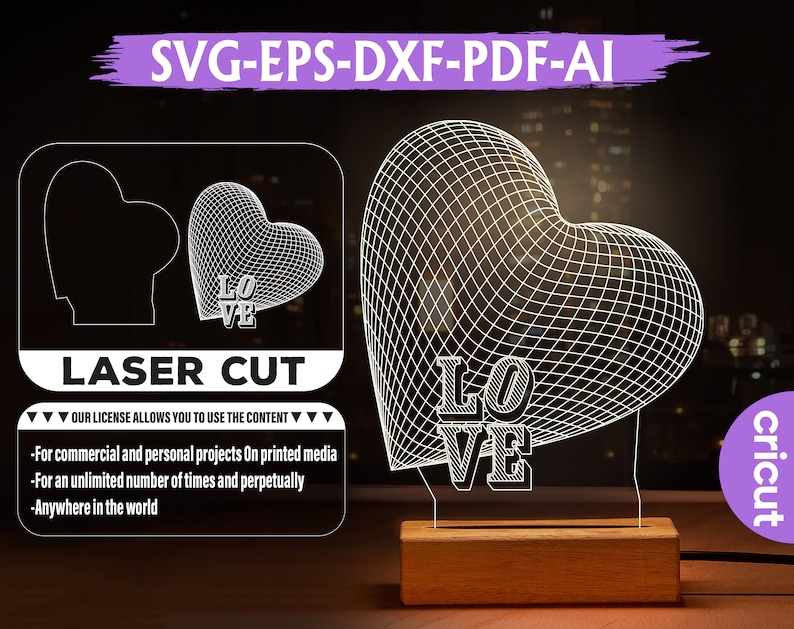 Kärlekshjärta 3D-illusionslampa: Laserskurna filer (digital nedladdning) bild 1