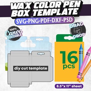Crayon Box Svg, 16 pcs Wax Color Pen Box Template, Crayons Template, Canva Crayon Box, Pencil Box Template Svg, Svg, Dxf, Instant Download