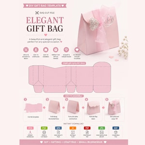 May include: A pink DIY gift bag template with the text "ELEGANT GIFT BAG". The image shows a finished bag with a ribbon and a diagram of the assembly process. Includes file formats: SVG, PNG, EPS, AI, PDF, JPG, and DXF.
