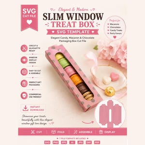 Modèle SVG de boîte à friandises fine avec fenêtre, boîte à macarons SVG, boîte d'emballage pour chocolats, boîte cadeau pour pâtisserie, boîte à dragées Cricut, fichier de découpe pour emballage de bonbons