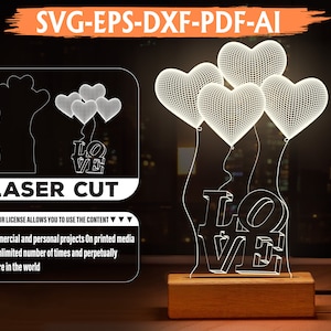 3D Love heart Illusion LED, Acrylic Lamp Vector file, Digital Vector File Glowforge Ready, 3D heart valentine Acrylic lamp, Instant Download image 1