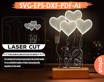 3D Love heart Illusion LED, Acrylic Lamp Vector file, Digital Vector File Glowforge Ready, 3D heart valentine Acrylic lamp, Instant Download