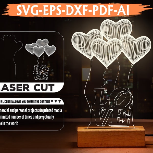 3D Love heart Illusion LED, Acrylic Lamp Vector file, Digital Vector File Glowforge Ready, 3D heart valentine Acrylic lamp, Instant Download