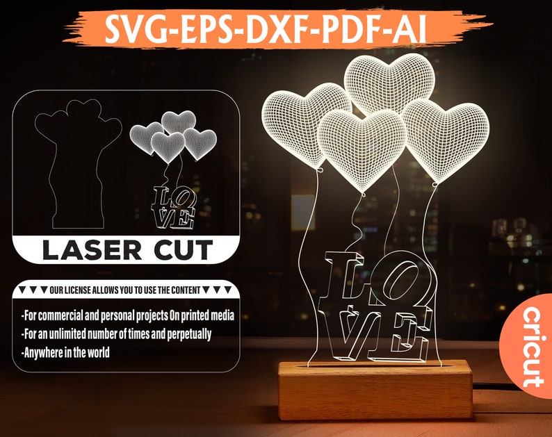 3D Love heart Illusion LED, Acrylic Lamp Vector file, Digital Vector File Glowforge Ready, 3D heart valentine Acrylic lamp, Instant Download image 1