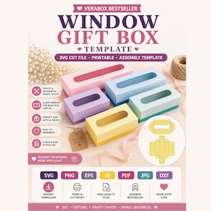 Peut inclure: Image promotionnelle d'un modèle de boîte cadeau à fenêtre. L'image présente des boîtes assemblées dans des tons pastel de rose, bleu, violet et jaune, chacune avec une fenêtre rectangulaire. Le texte comprend "Window Gift Box Template" et les options de type de fichier.