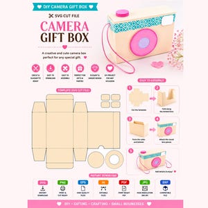 May include: A DIY camera gift box made from beige cardstock, featuring a pink lens and a teal and white patterned top. The text "CAMERA GIFT BOX" is displayed in pink and black. Instructions and SVG cut file details are also shown.