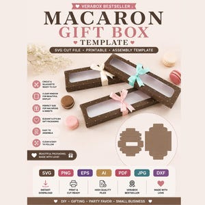 Peut inclure: Modèle de boîte cadeau à macarons marron à pois blancs, avec une fenêtre transparente et un ruban. Le texte sur l'image indique "Modèle de boîte cadeau à macarons" et "Fichier de découpe SVG". L'image montre également des macarons dans la boîte.