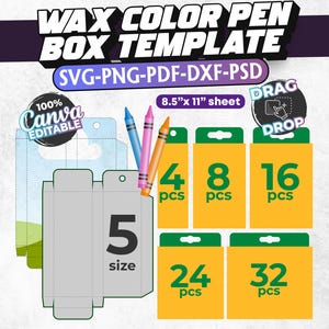 Crayon Box Template Bundle: 5 Sizes, Canva Editable (SVG, PNG, PDF)