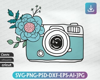 Handgemachte Kamera-Svg, Fotografen-Svg, Kamera-Svg, Fotoaufnahme-Svg, Selfie-Svg, Kamera mit Blumen-Svg, Blumenkamera-T-Shirt-Svg, Silhouette