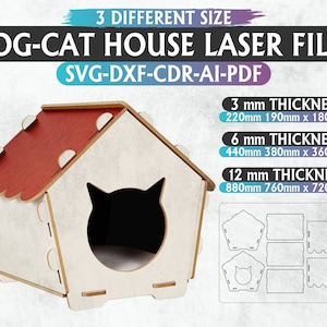 Cat House lasergesneden bundel, hondenhok SVG-laserbestanden, Cat Home-sjabloon, lasergesneden SVG-bundel, CNC-bestanden, plattegrond kattenhuis, CNC-sjabloon