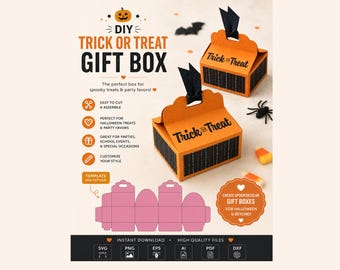 Halloween Treat Box SVG, Trick Or Treat Favor Box Template, Halloween Candy Box SVG, Cricut Halloween Gift Box, Party Favor Packaging